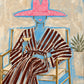Rosy Brim full artwork. A blue-toned figure lounges in a striped suit beneath a broad pink hat, holding a small glass.
