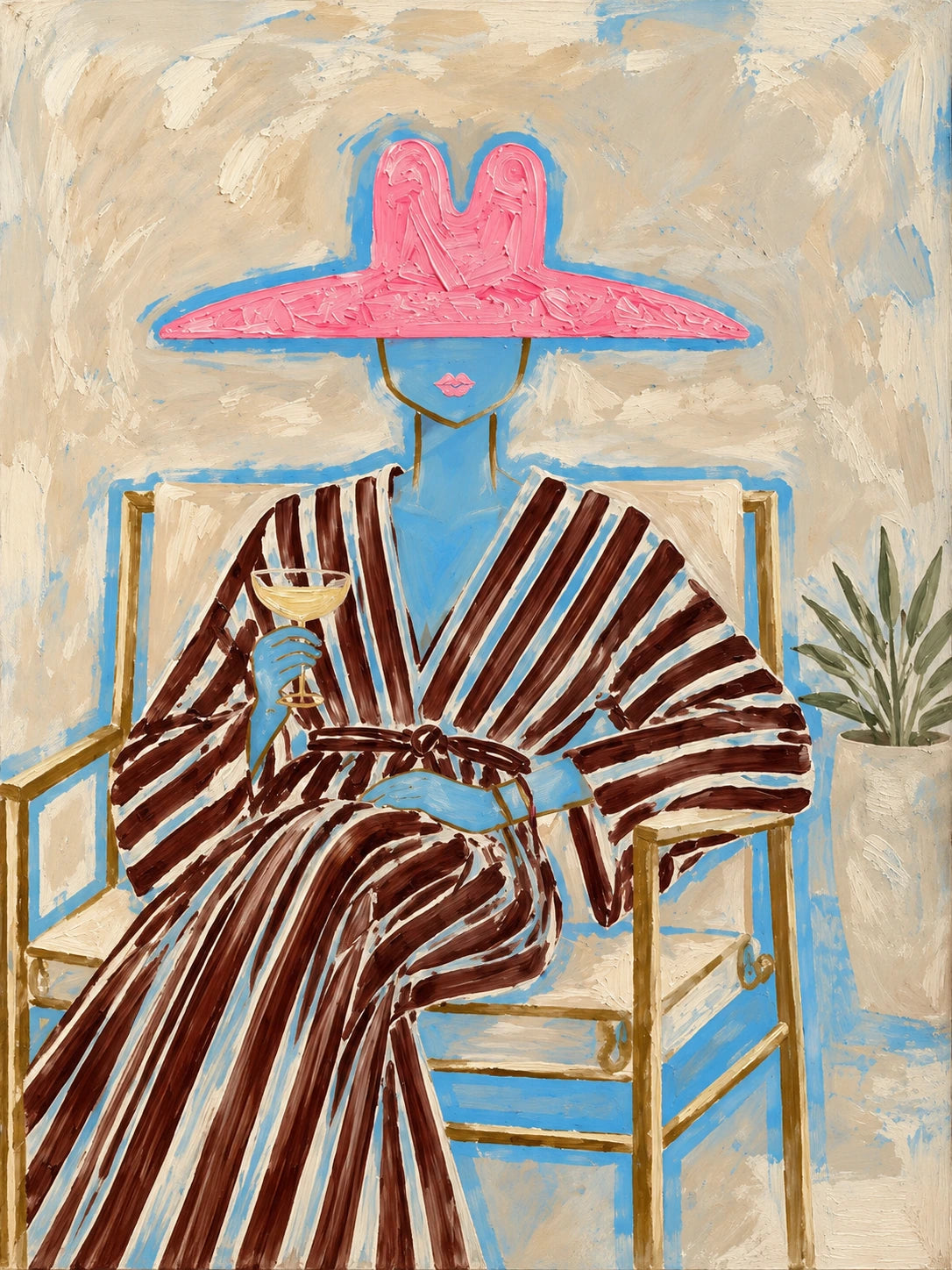 Rosy Brim full artwork. A blue-toned figure lounges in a striped suit beneath a broad pink hat, holding a small glass.