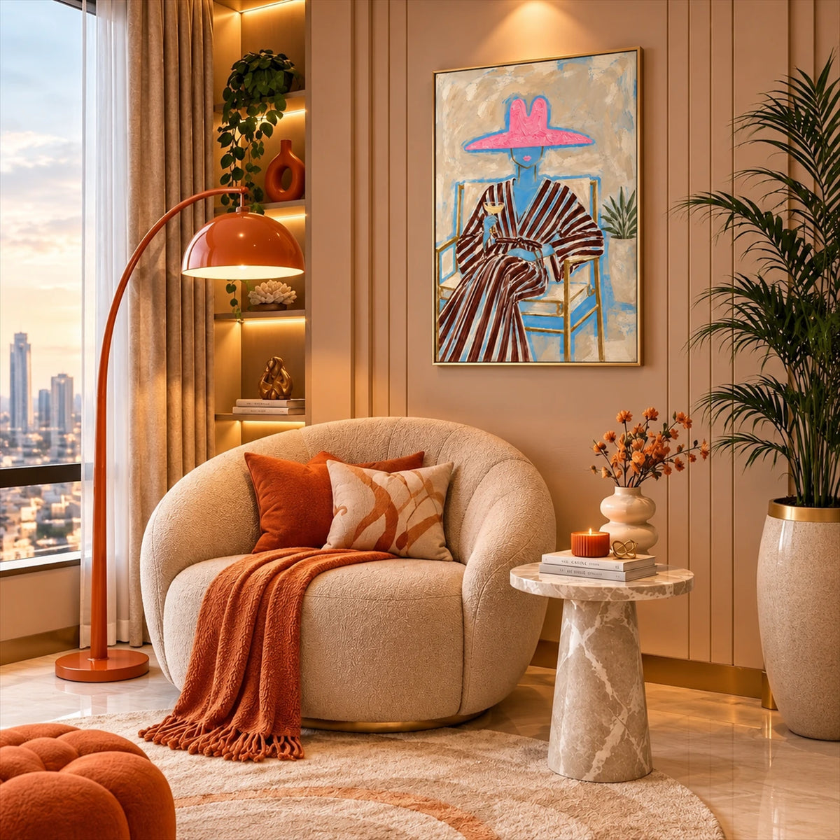 Rosy Brim artwork displayed beside a rounded cream armchair and orange lamp.