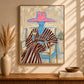 Rosy Brim artwork displayed above a wooden console beside pampas grass.