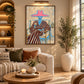 Rosy Brim artwork displayed above a cream sofa beside a tall plant.
