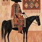 Desert Tapestry full artwork. A rider in patterned red textiles sits on a slender black horse beneath geometric woven wall hangings.