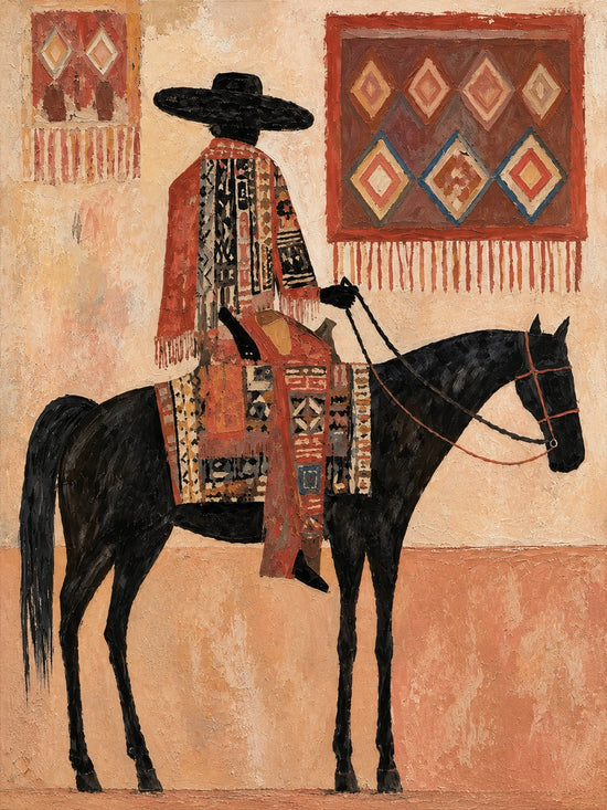 Desert Tapestry full artwork. A rider in patterned red textiles sits on a slender black horse beneath geometric woven wall hangings.