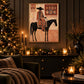Desert Tapestry artwork displayed above a dark console beside a Christmas tree.