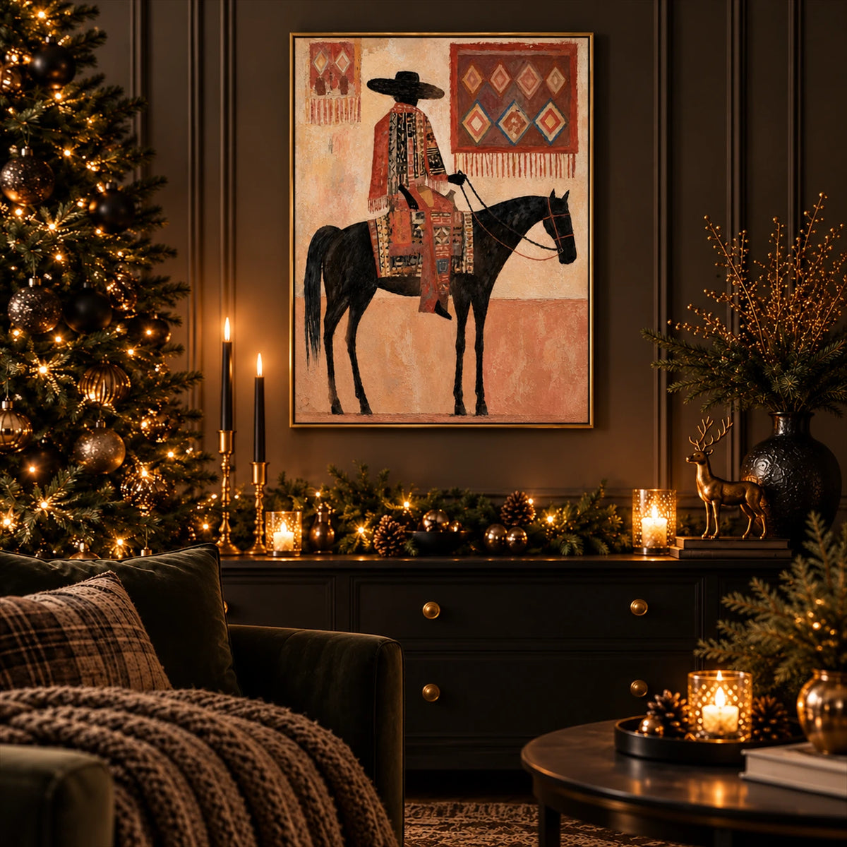 Desert Tapestry artwork displayed above a dark console beside a Christmas tree.