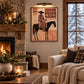 Desert Tapestry artwork displayed beside a stone fireplace and snowy window.