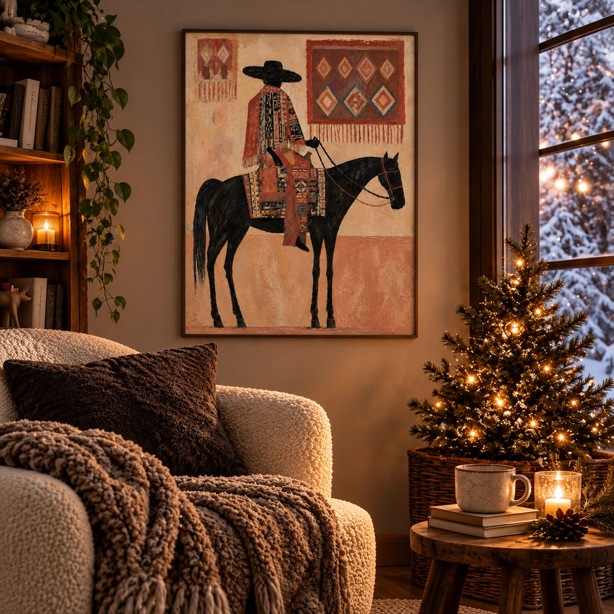 Desert Tapestry artwork displayed above a sofa beside a small lit tree.