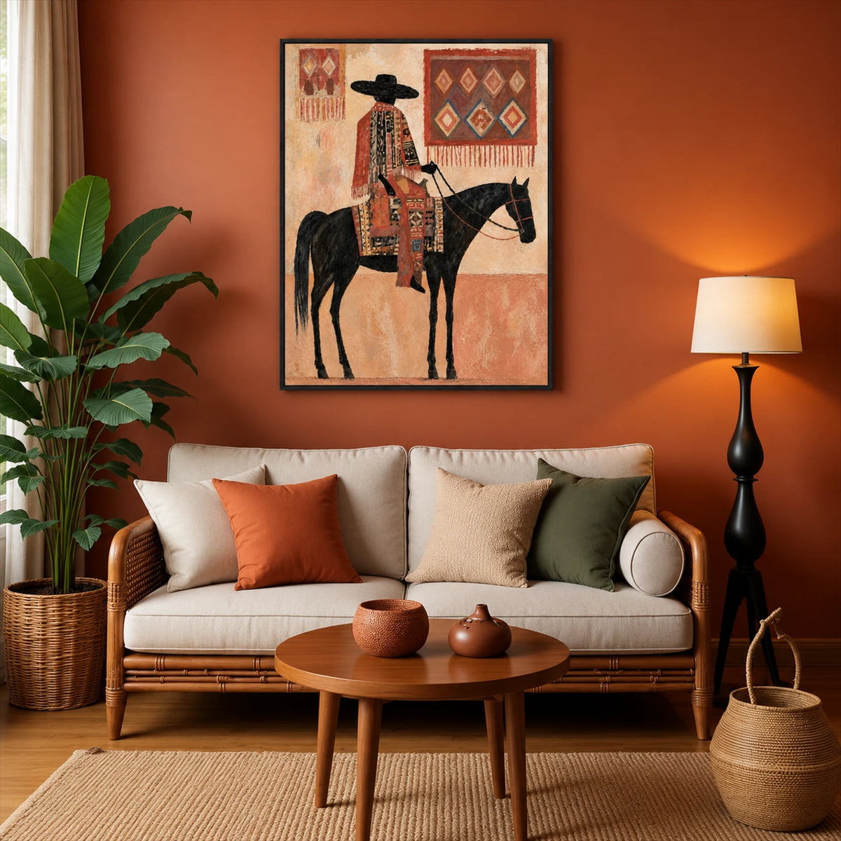 Desert Tapestry artwork displayed above a cream sofa against a terracotta wall.