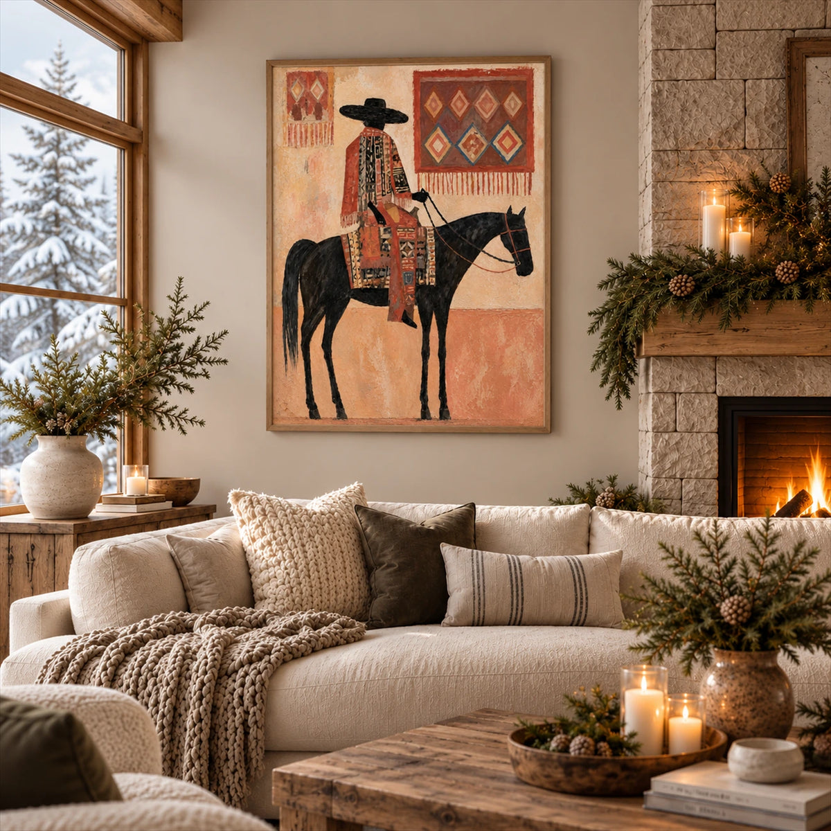 Desert Tapestry artwork displayed above a pale sofa beside a fireplace.