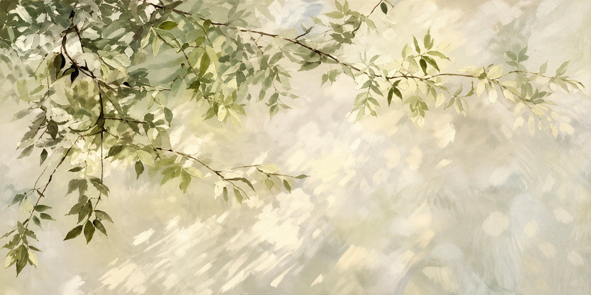 Dappled Branches full artwork. Slender leafy branches stretch across a pale surface washed with dappled sunlight and soft shadows.