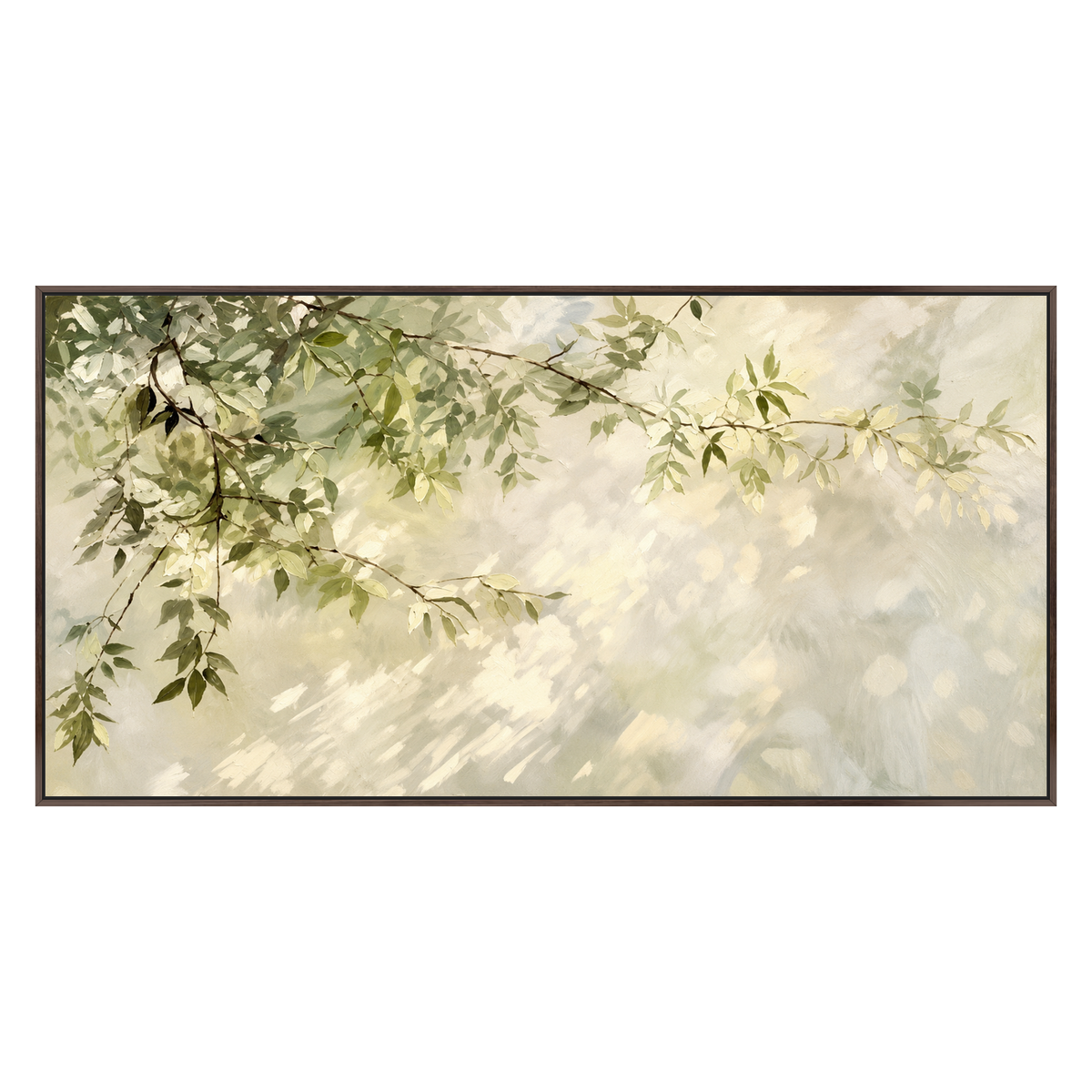 Dappled Branches artwork in a dark brown wood frame on a transparent background.