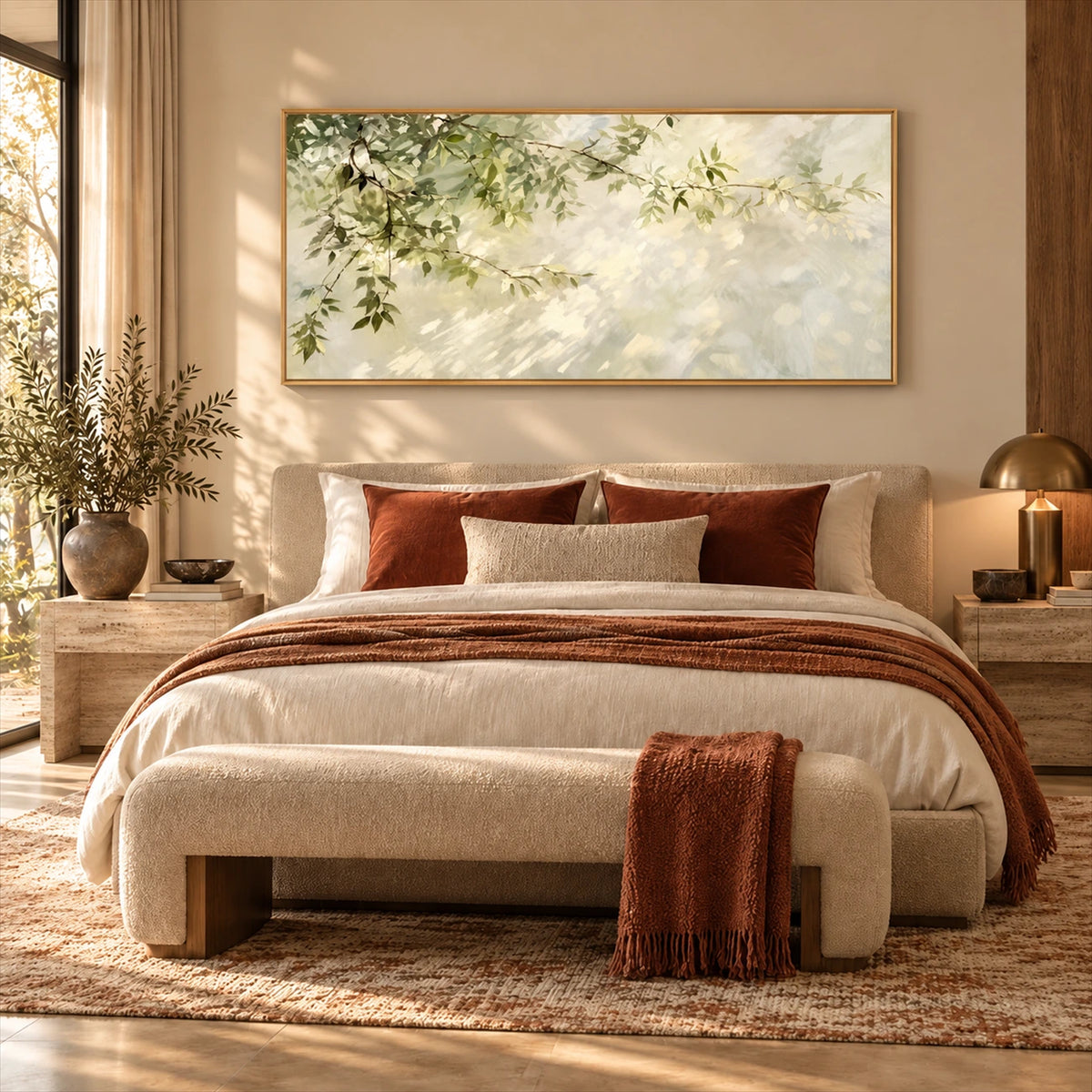 Dappled Branches artwork displayed above a bed with rust-colored accents.