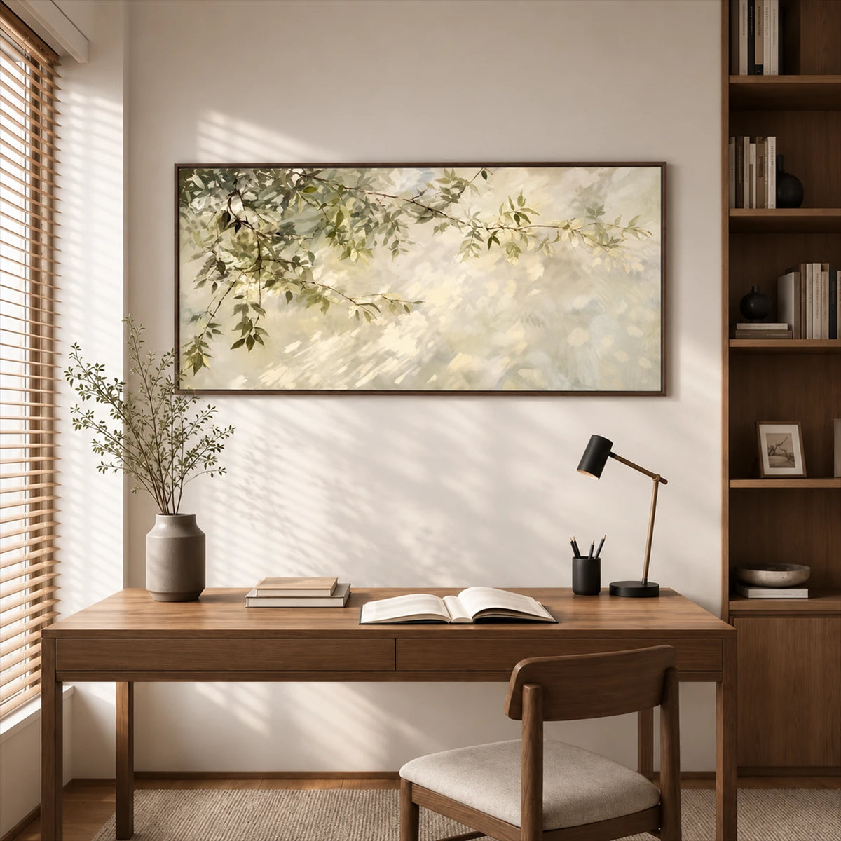 Dappled Branches artwork displayed above a wooden desk beside a window.