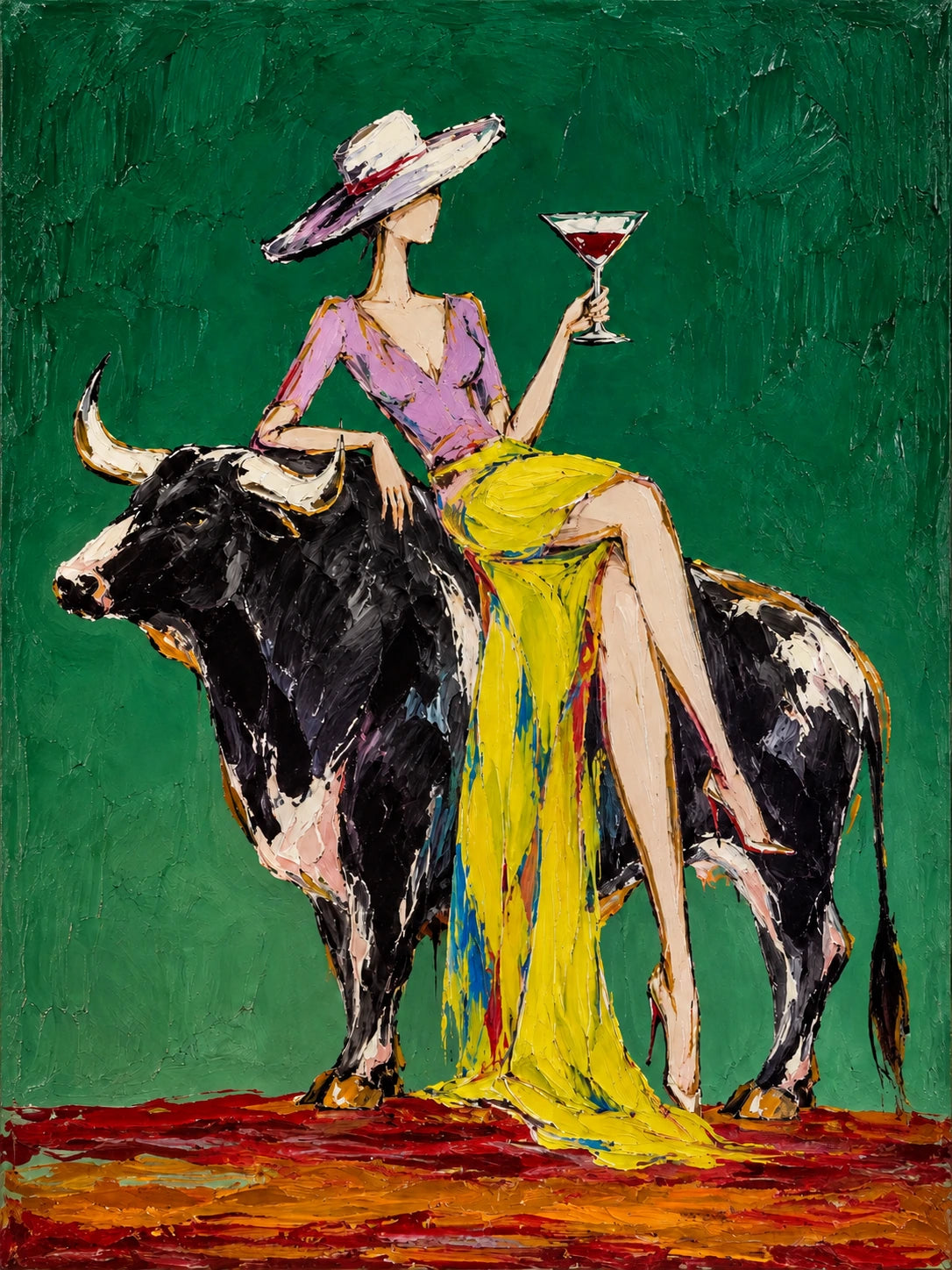 Emerald Toast full artwork. A stylish figure in a pink top and flowing yellow skirt raises a glass while seated on a black-and-white bull.