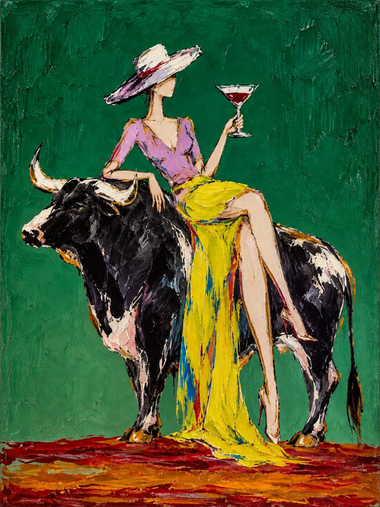 Emerald Toast full artwork. A stylish figure in a pink top and flowing yellow skirt raises a glass while seated on a black-and-white bull.