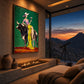 Emerald Toast artwork displayed above a fireplace beside mountain-view windows.