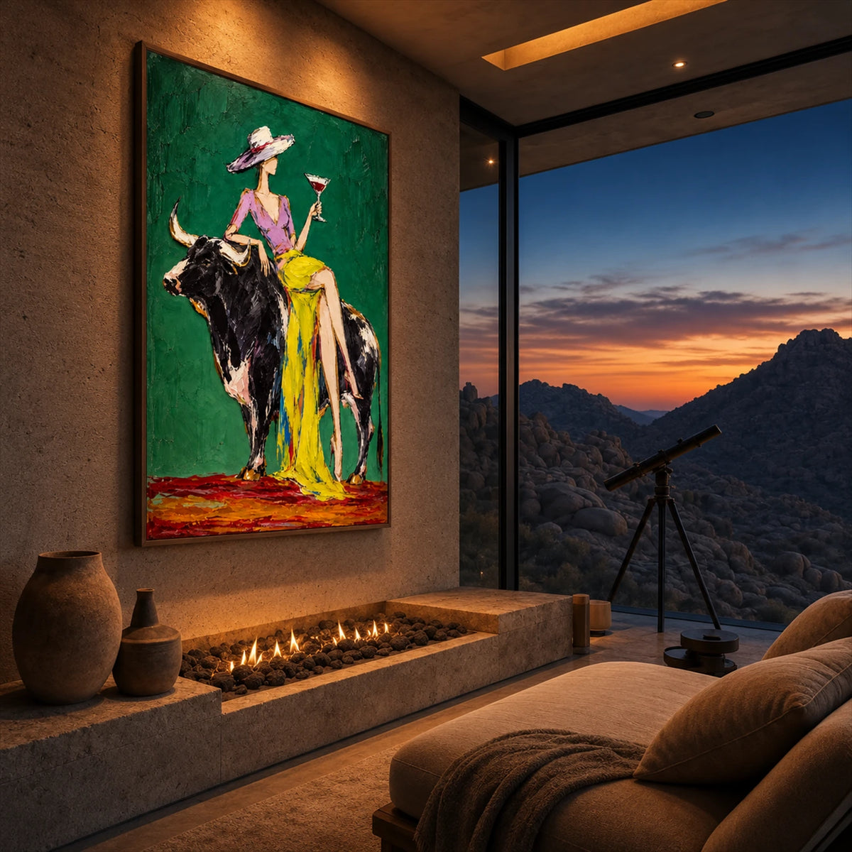 Emerald Toast artwork displayed above a fireplace beside mountain-view windows.