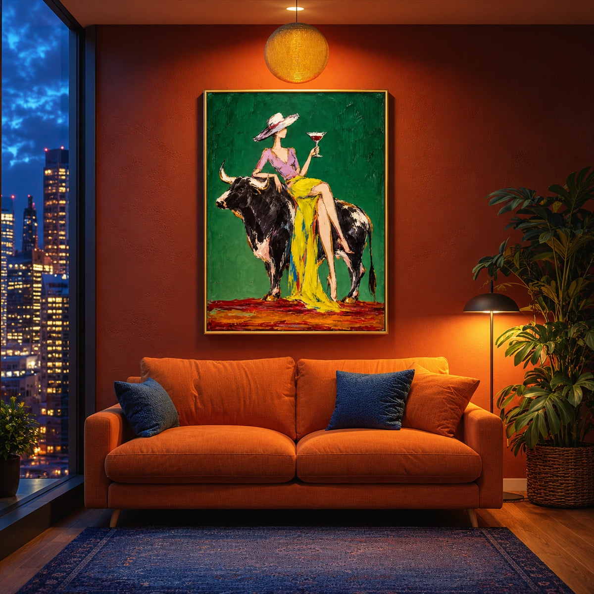Emerald Toast artwork displayed above an orange sofa beneath a pendant light.