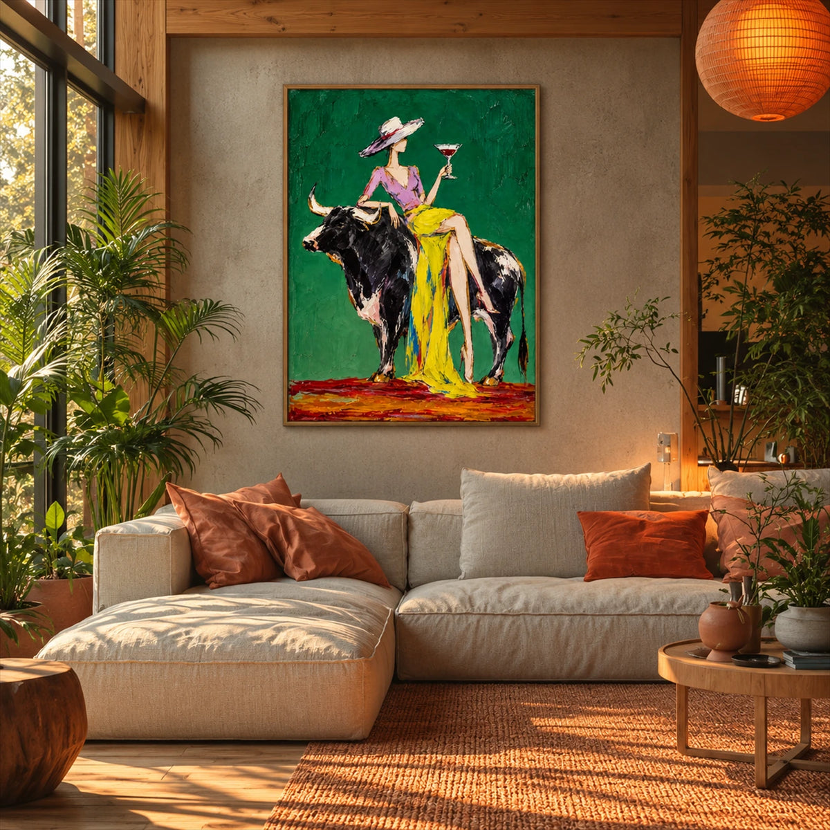 Emerald Toast artwork displayed above a cream sectional near leafy plants.