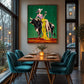 Emerald Toast artwork displayed above a dining table with teal chairs.