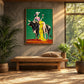 Emerald Toast artwork displayed above a woven bench beside a garden window.