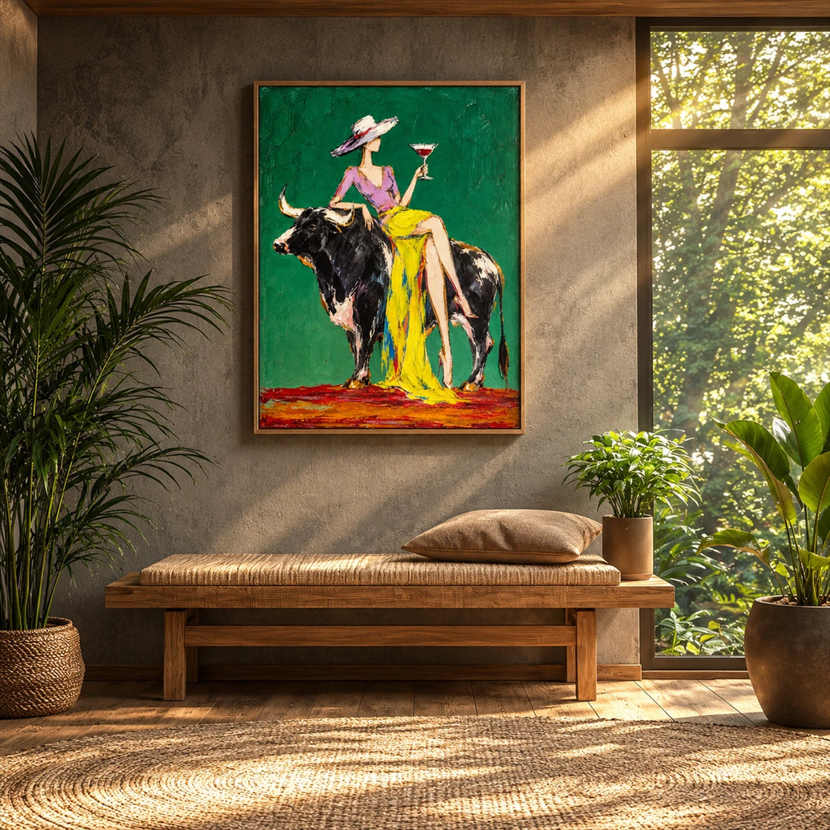 Emerald Toast artwork displayed above a woven bench beside a garden window.
