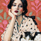 Polka Dot Pause full artwork. A dark-haired woman rests her cheek in one hand beside a black-and-white cat, framed by coral tones and pink foliage.