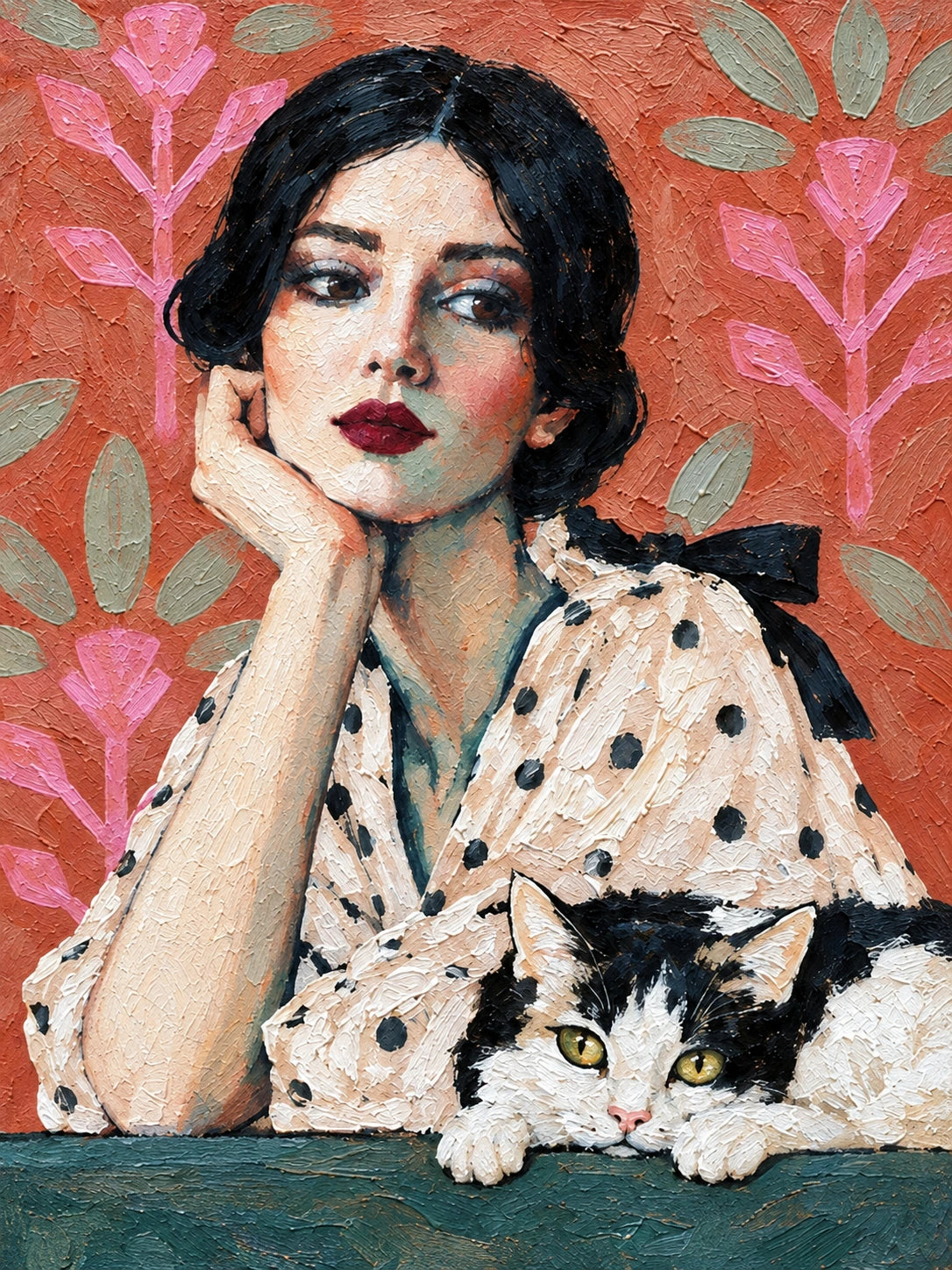 Polka Dot Pause full artwork. A dark-haired woman rests her cheek in one hand beside a black-and-white cat, framed by coral tones and pink foliage.