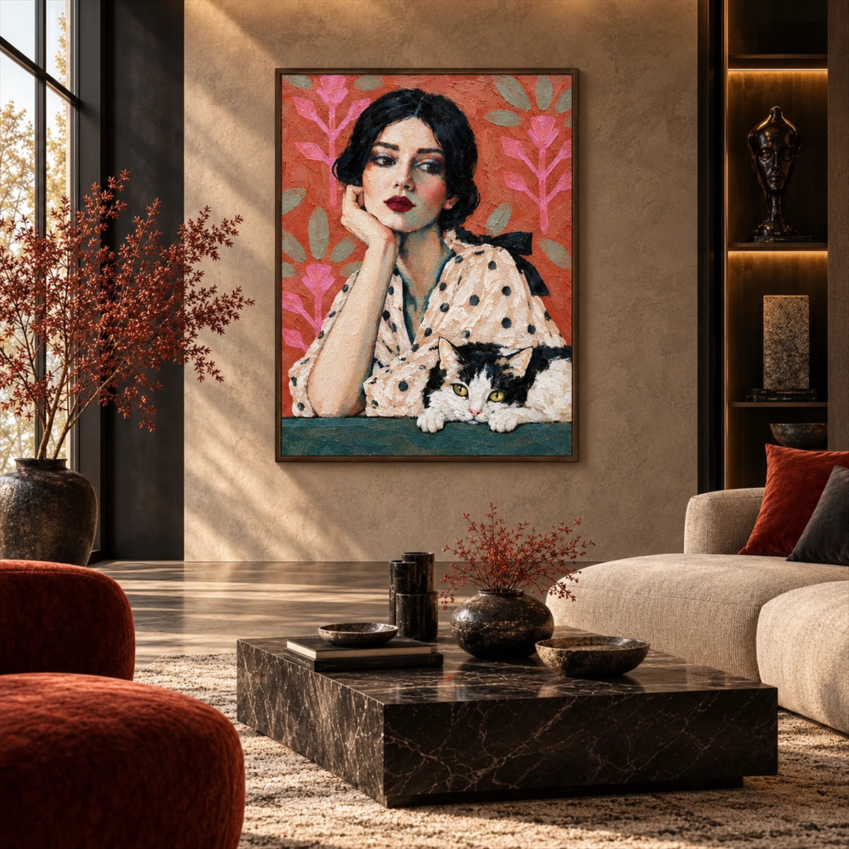 Polka Dot Pause artwork displayed above neutral seating and a dark stone table.