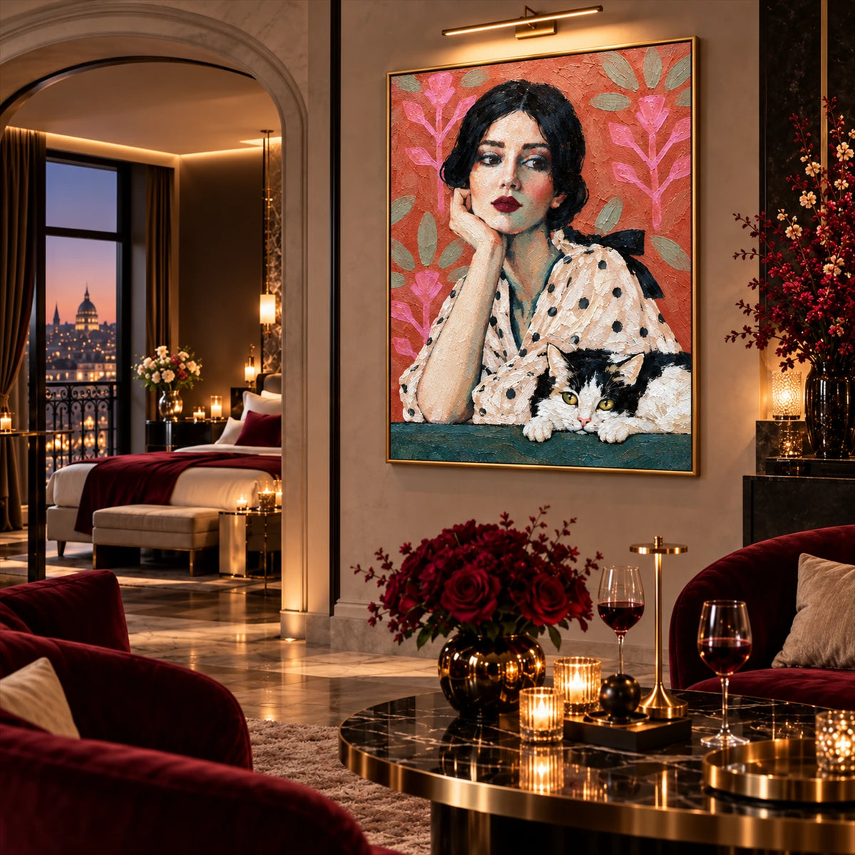 Polka Dot Pause artwork displayed beside a candlelit table near an arched doorway.