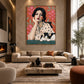Polka Dot Pause artwork displayed above a long cream sofa.