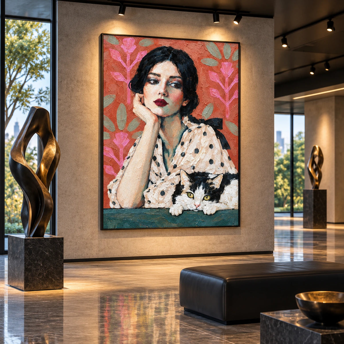 Polka Dot Pause artwork displayed on a lobby wall beside sculpture.