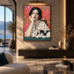 Polka Dot Pause artwork displayed above a low console near a bright window.