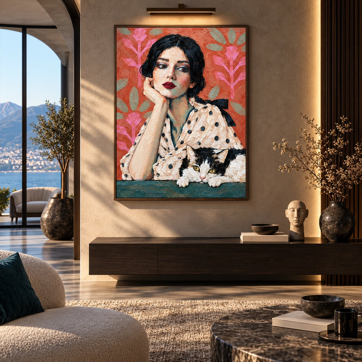 Polka Dot Pause artwork displayed above a low console near a bright window.