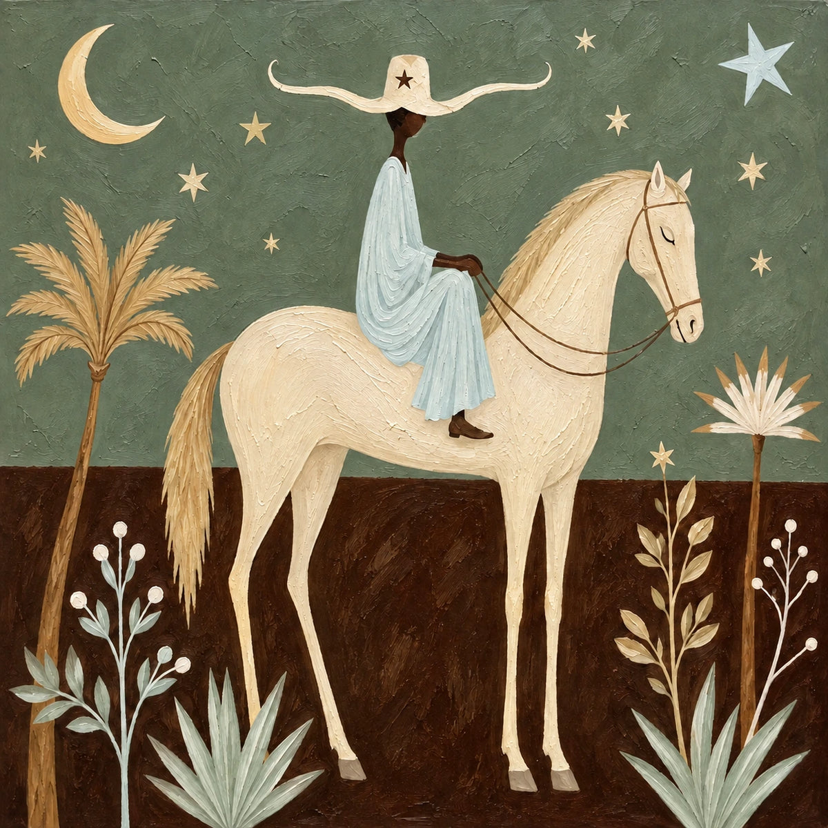 Celestial Saddle full artwork. A pale horse carries a rider in a light blue dress beneath a crescent moon and scattered stars.