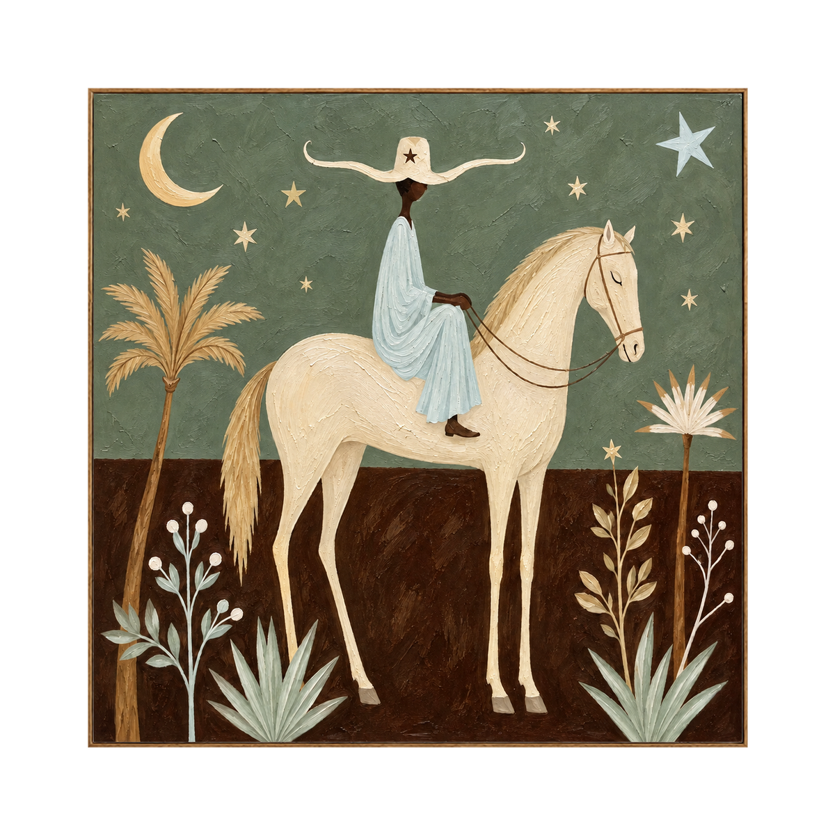 Celestial Saddle artwork in a natural wood frame on a transparent background.