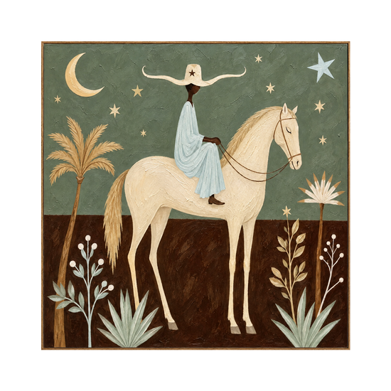 Celestial Saddle artwork in a natural wood frame on a transparent background.