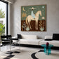 Celestial Saddle artwork displayed above a white sofa beside black chairs.