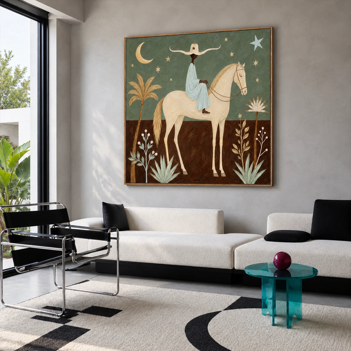 Celestial Saddle artwork displayed above a white sofa beside black chairs.