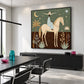 Celestial Saddle artwork displayed above a black sideboard beside a dining table.