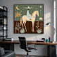 Celestial Saddle artwork displayed above a desk in a bright office.