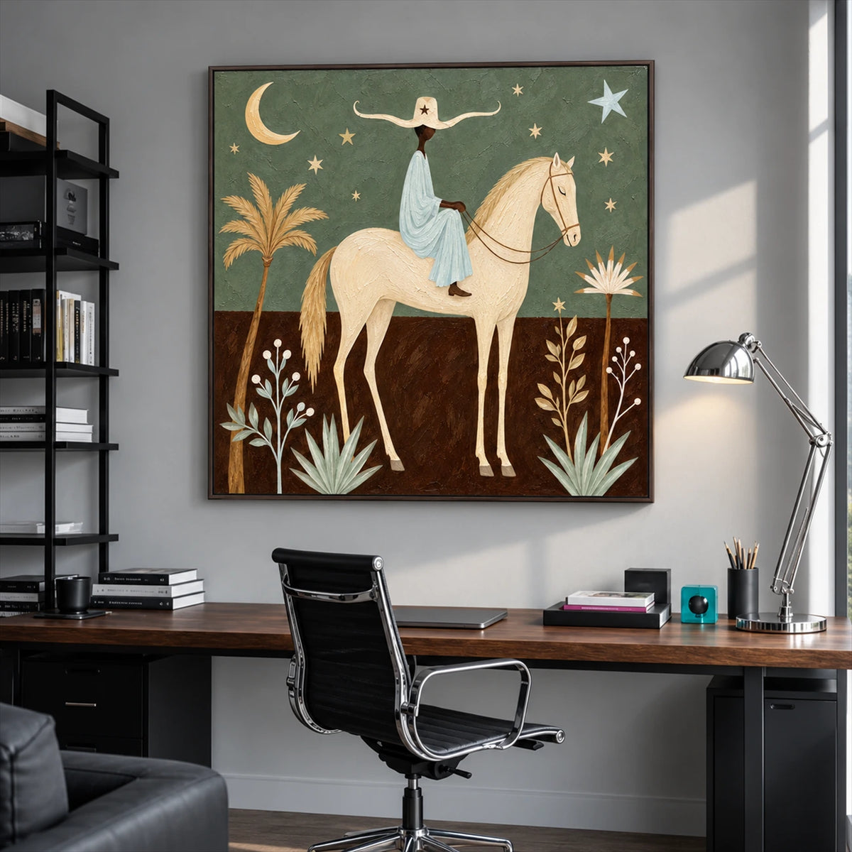 Celestial Saddle artwork displayed above a desk in a bright office.