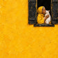 Golden Embrace full artwork. A figure wearing a yellow headscarf holds a white cat at a dark open window set high within a textured golden wall.