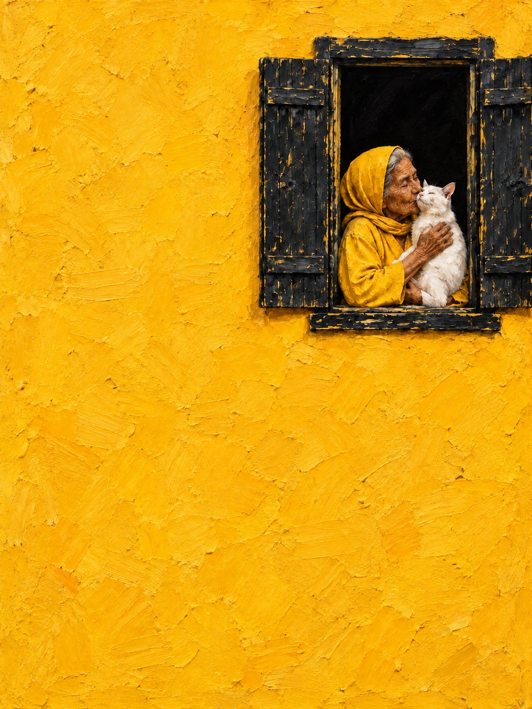 Golden Embrace full artwork. A figure wearing a yellow headscarf holds a white cat at a dark open window set high within a textured golden wall.