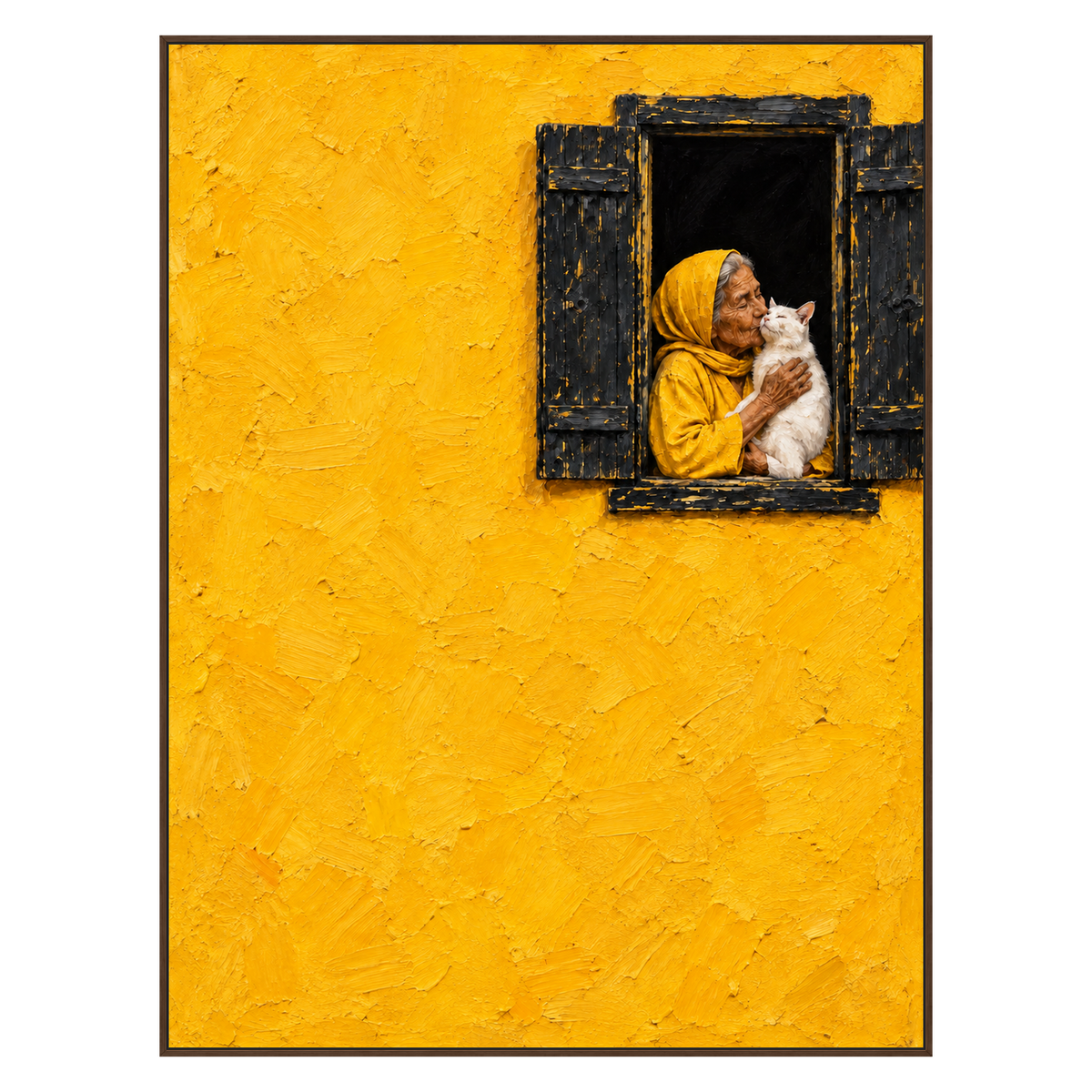 Golden Embrace artwork in a brown wood frame on a transparent background.