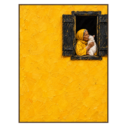 Golden Embrace artwork in a brown wood frame on a transparent background.