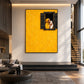 Golden Embrace artwork displayed above a long dark bench in a tall foyer.