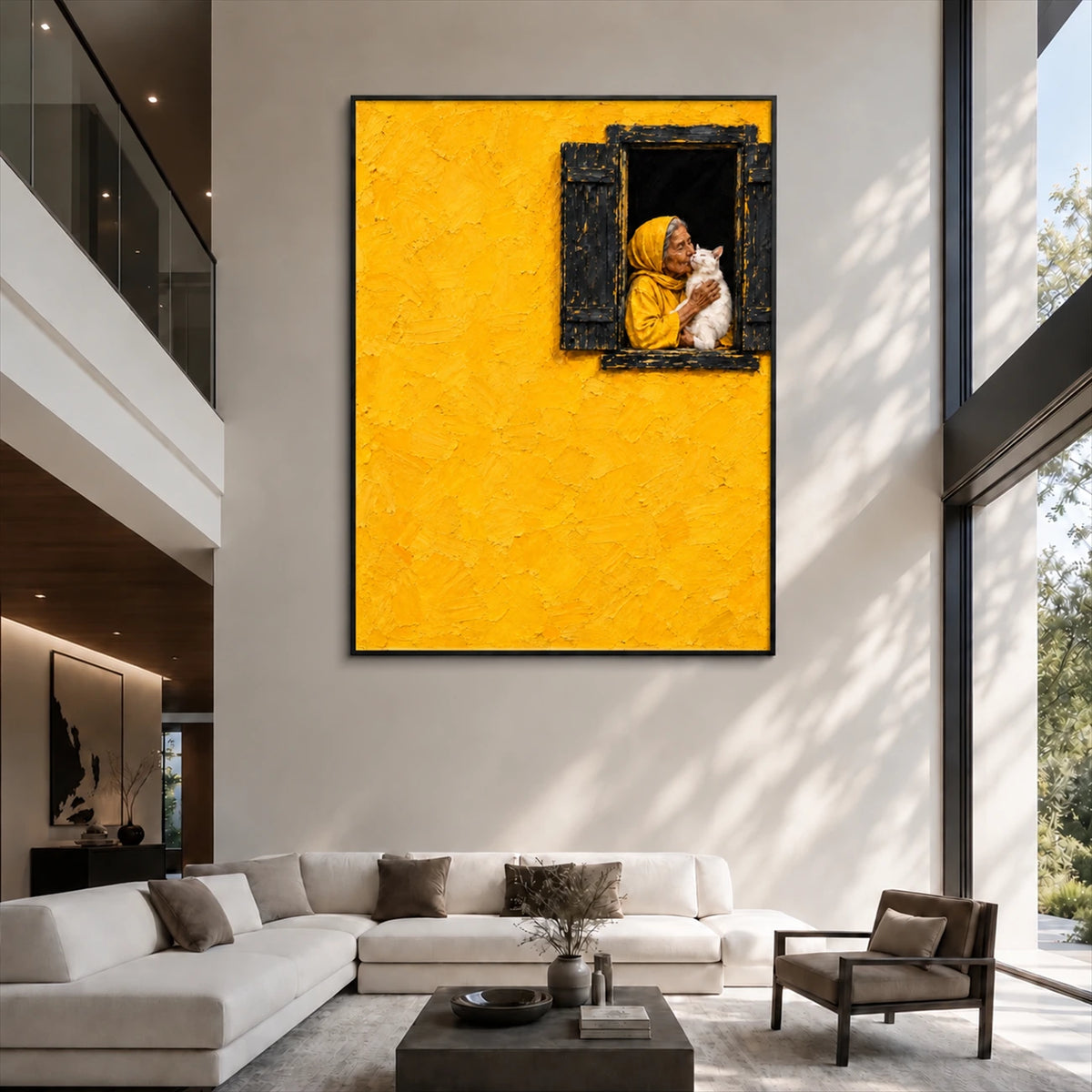 Golden Embrace artwork displayed above a pale sectional beside a staircase.