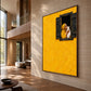 Golden Embrace artwork displayed on a tall marble wall.