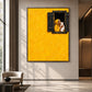 Golden Embrace artwork displayed above a woven bench near floor-to-ceiling windows.